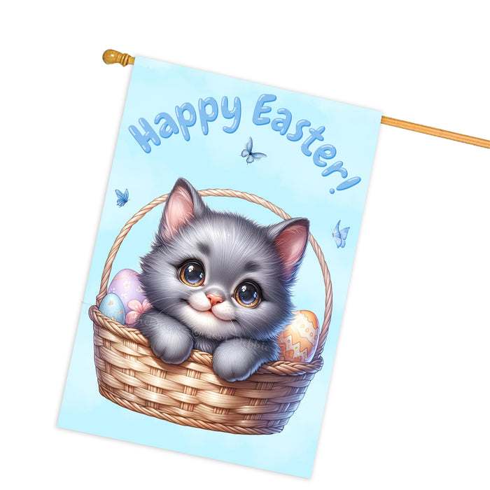 Happy Easter Russian Blue Cat, Egg Hunt House Flags for Home Decorations - Double Sided Yard Lawn Easter Festival Decorative Gift - Holiday Cats Flag Decor 28"w x 40"h, EGHNT00049