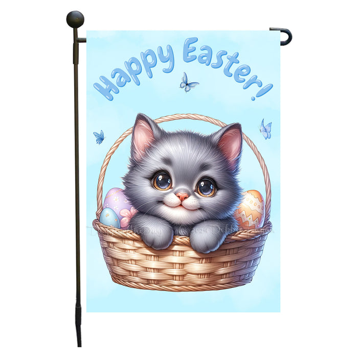 Easter Russian Blue Cat Garden Flag, Cute Happy Easter, Egg Hunt Basket, Personalized Double Sided Flag Yard Outdoor Decoration, EGHNT00049