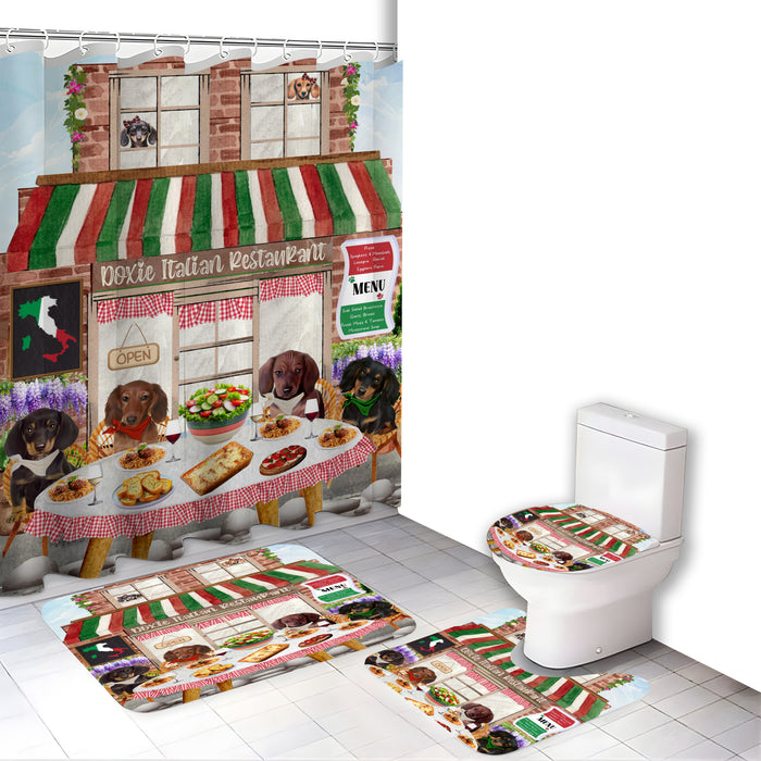 Dachshund Dog 4 Piece Combo Shower Curtain &amp; Rug Set, Little Cafe Pet Theme