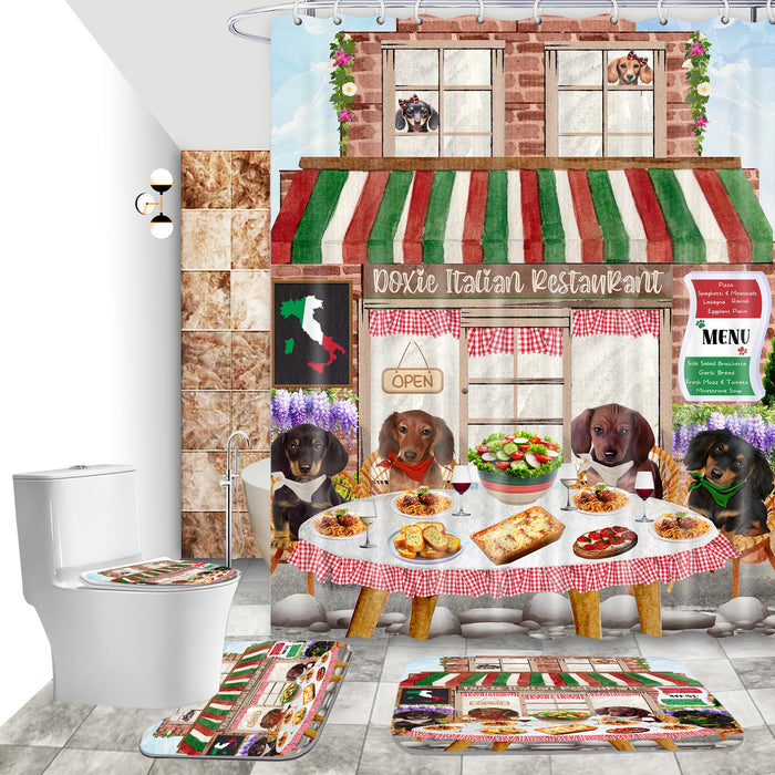 Dachshund Dog 4 Piece Combo Shower Curtain &amp; Rug Set, Little Cafe Pet Theme