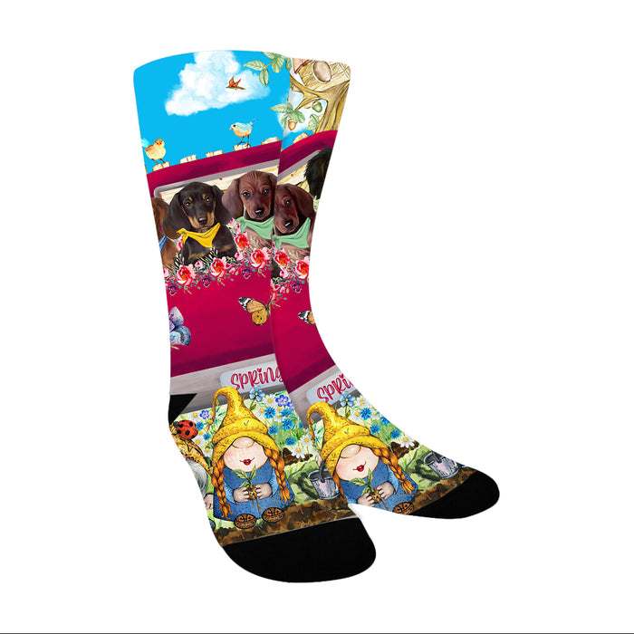 Dachshund Dogs Flower Explosion with Gnomes Pink Truck Socks for Men's Kids Women's