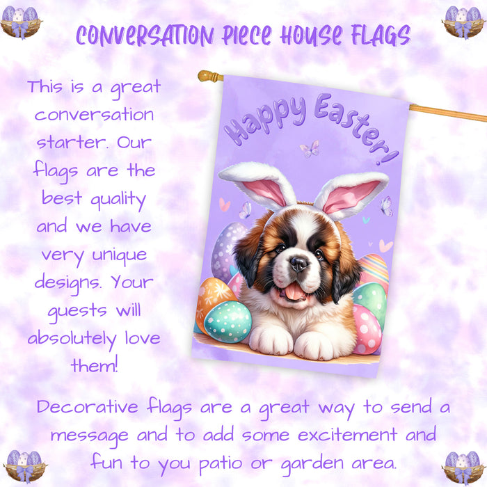 Saint Bernard Dog Easter House Flag Puppy Eggs Spring Outdoor Yard Décor Gifts 28x40 Inch Double-Sided