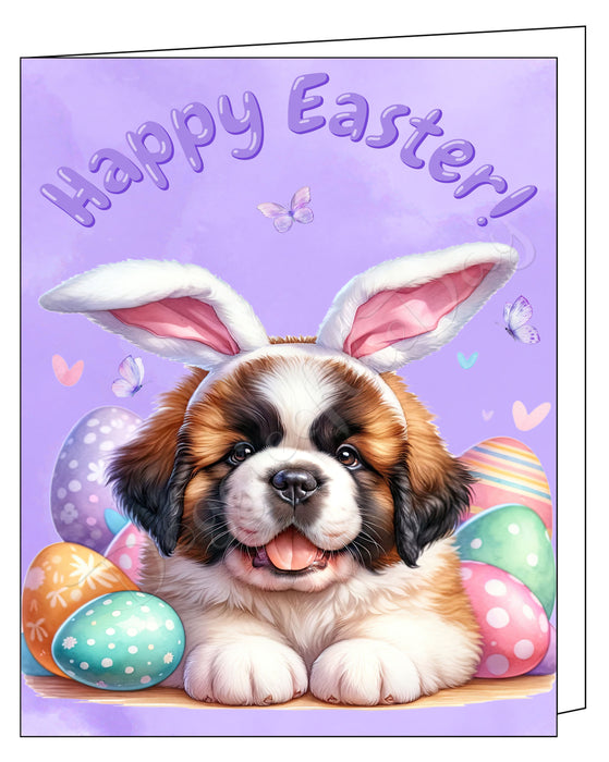 Happy Easter Saint Bernard 2 Greeting Cards, Spring Holiday Notecards Blank Inside Envelopes Included, Unique Easter Egg Cards for Dog Lovers