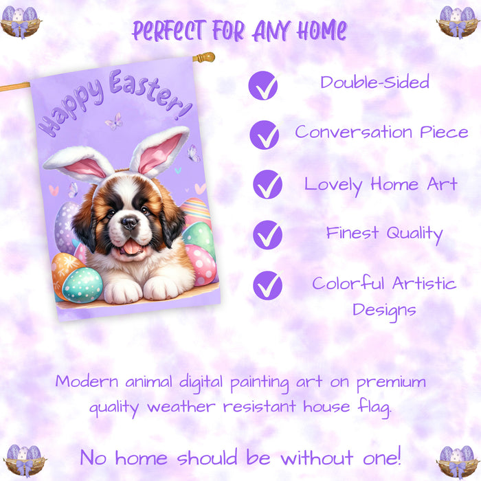 Saint Bernard Dog Easter House Flag Puppy Eggs Spring Outdoor Yard Décor Gifts 28x40 Inch Double-Sided