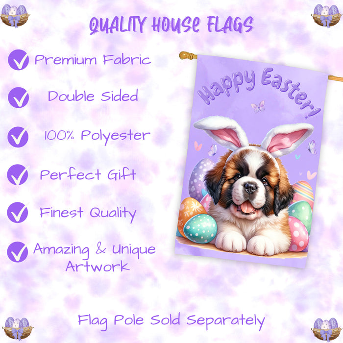 Saint Bernard Dog Easter House Flag Puppy Eggs Spring Outdoor Yard Décor Gifts 28x40 Inch Double-Sided