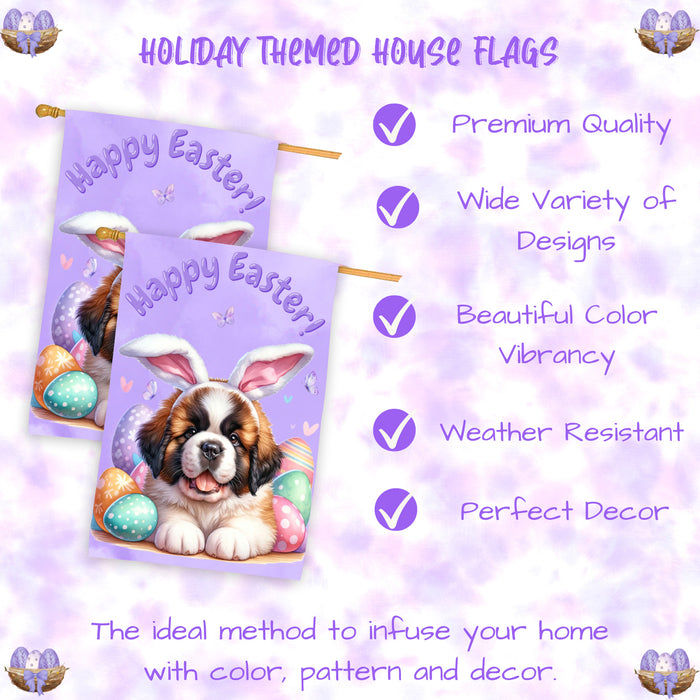 Saint Bernard Dog Easter House Flag Puppy Eggs Spring Outdoor Yard Décor Gifts 28x40 Inch Double-Sided