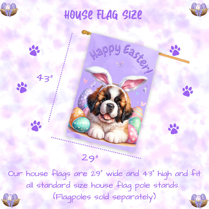 Saint Bernard Dog Easter House Flag Puppy Eggs Spring Outdoor Yard Décor Gifts 28x40 Inch Double-Sided