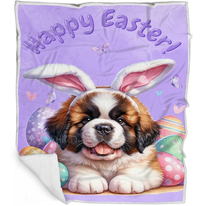 Easter Egg Hunt Saint Bernard  with Bunny Ears Happy Easter Holiday Blanket, EGHNTBLNKTDG00084