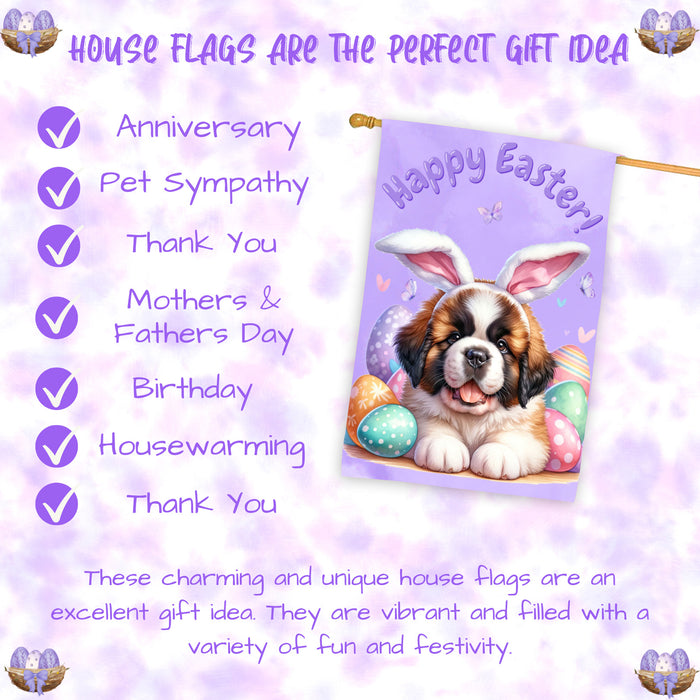 Saint Bernard Dog Easter House Flag Puppy Eggs Spring Outdoor Yard Décor Gifts 28x40 Inch Double-Sided