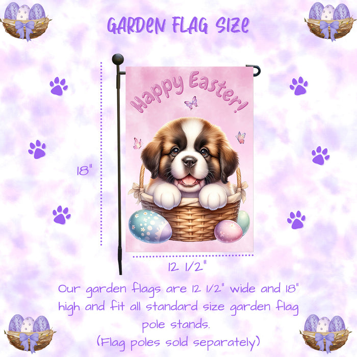 Saint Bernard Dog Spring Easter Garden Flag Puppy Eggs Outdoor Yard Decor Gift 12x18 Inch Single Side and Double Sided