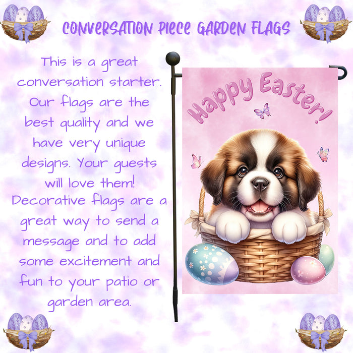 Saint Bernard Dog Spring Easter Garden Flag Puppy Eggs Outdoor Yard Decor Gift 12x18 Inch Single Side and Double Sided