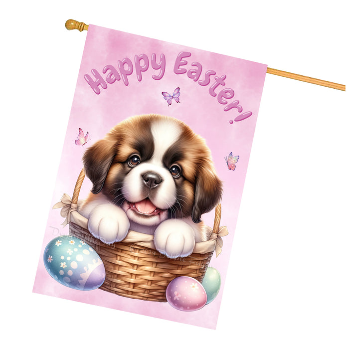 Saint Bernard Easter Dog House Flag With Eggs Spring Home Decor Gifts for Dad 28x40 Inch Double-Sided