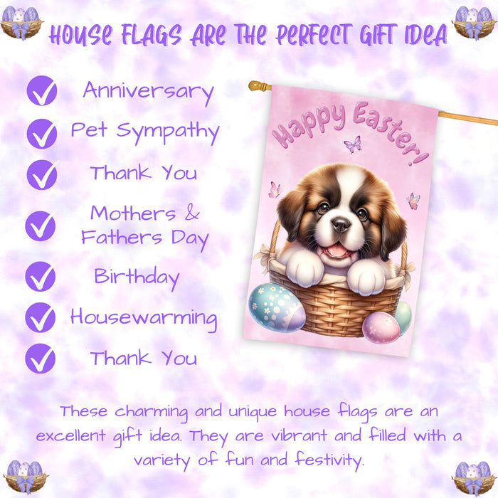 Saint Bernard Easter Dog House Flag With Eggs Spring Home Decor Gifts for Dad 28x40 Inch Double-Sided