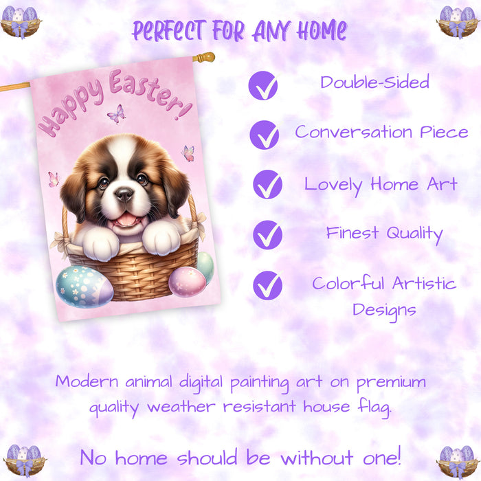 Saint Bernard Easter Dog House Flag With Eggs Spring Home Decor Gifts for Dad 28x40 Inch Double-Sided
