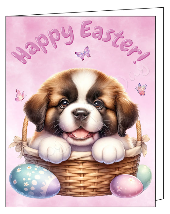 Happy Easter Saint Bernard Greeting Cards, Spring Holiday Notecards Blank Inside Envelopes Included, Unique Easter Egg Cards for Dog Lovers