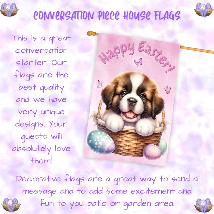 Saint Bernard Easter Dog House Flag With Eggs Spring Home Decor Gifts for Dad 28x40 Inch Double-Sided