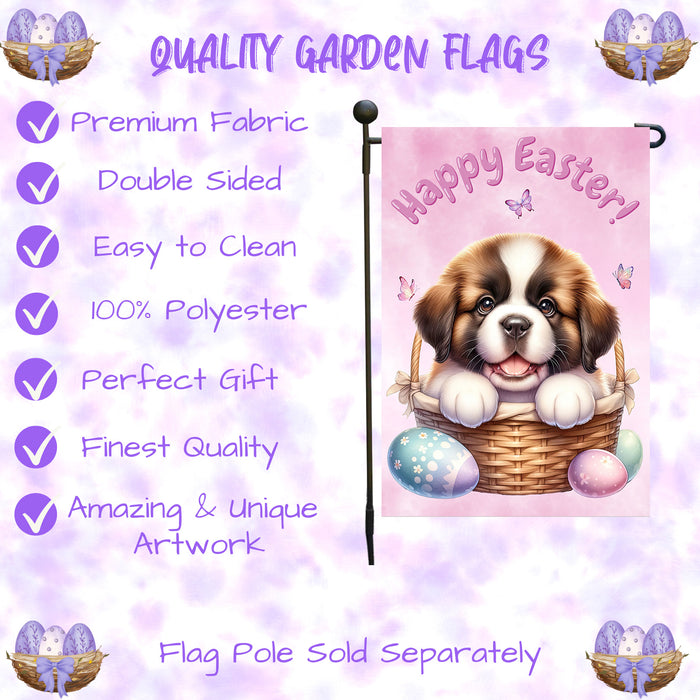 Saint Bernard Dog Spring Easter Garden Flag Puppy Eggs Outdoor Yard Decor Gift 12x18 Inch Single Side and Double Sided