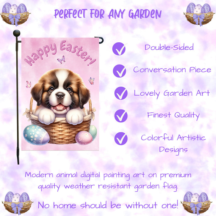 Saint Bernard Dog Spring Easter Garden Flag Puppy Eggs Outdoor Yard Decor Gift 12x18 Inch Single Side and Double Sided