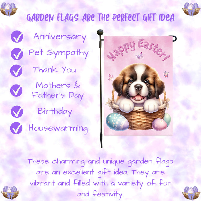 Saint Bernard Dog Spring Easter Garden Flag Puppy Eggs Outdoor Yard Decor Gift 12x18 Inch Single Side and Double Sided