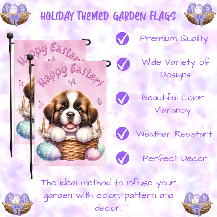 Saint Bernard Dog Spring Easter Garden Flag Puppy Eggs Outdoor Yard Decor Gift 12x18 Inch Single Side and Double Sided