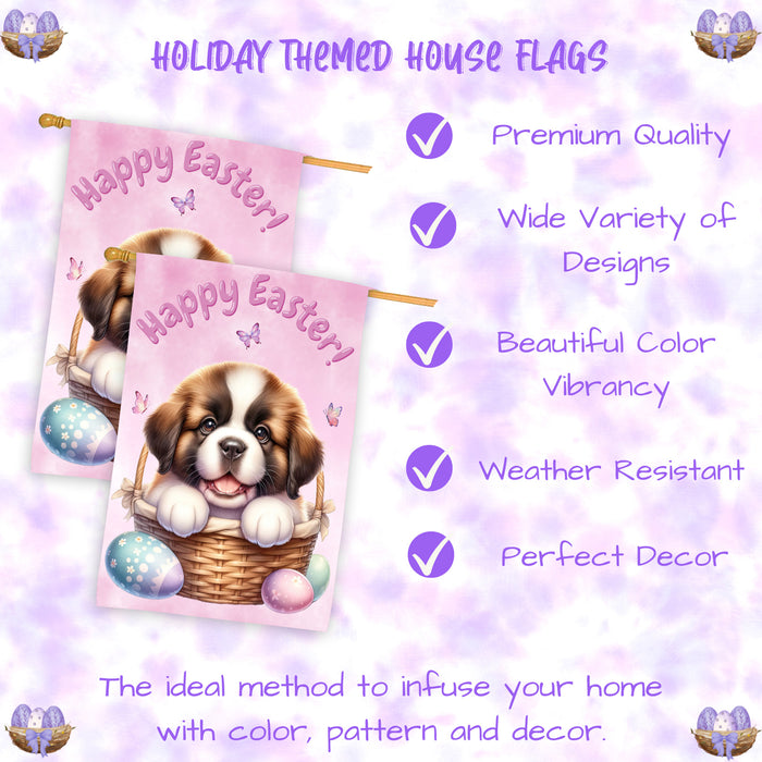 Saint Bernard Easter Dog House Flag With Eggs Spring Home Decor Gifts for Dad 28x40 Inch Double-Sided