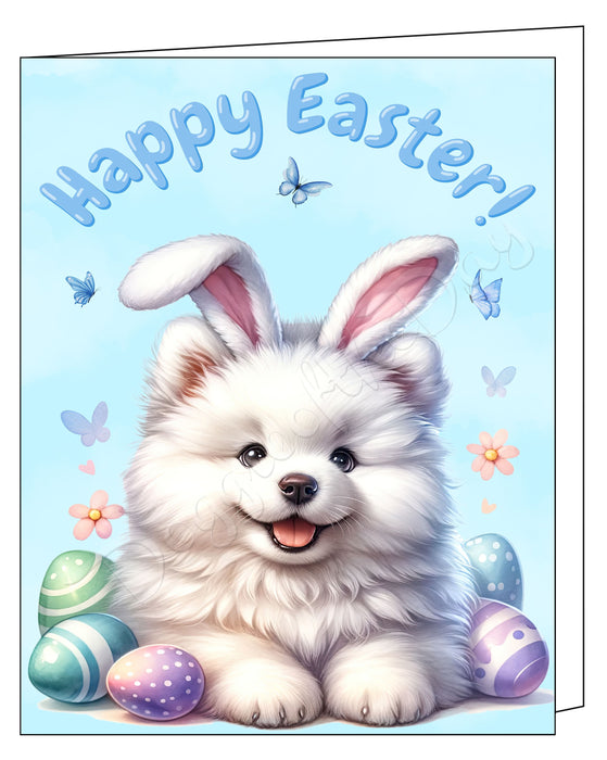 Happy Easter Samoyed 2 Greeting Cards, Spring Holiday Notecards Blank Inside Envelopes Included, Unique Easter Egg Cards for Dog Lovers