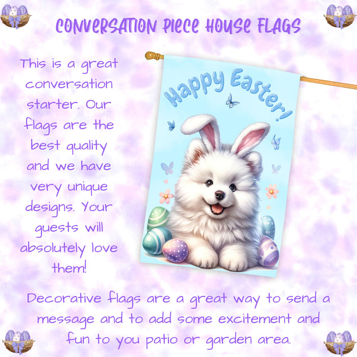 Samoyed Easter Dog House Flag Spring Outdoor Home Garden Seasonal Décor Gifts 28x40 Inch Double-Sided