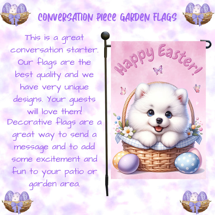 Samoyed Happy Easter Puppy Garden Flag Eggs Spring Outdoor Yard Lawn Décor 12x18 Inch Single Side and Double Sided