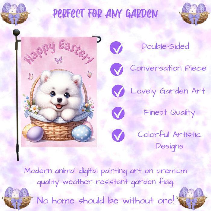 Samoyed Happy Easter Puppy Garden Flag Eggs Spring Outdoor Yard Lawn Décor 12x18 Inch Single Side and Double Sided