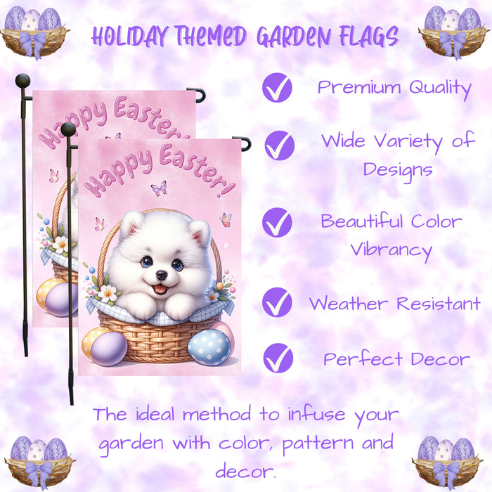 Samoyed Happy Easter Puppy Garden Flag Eggs Spring Outdoor Yard Lawn Décor 12x18 Inch Single Side and Double Sided