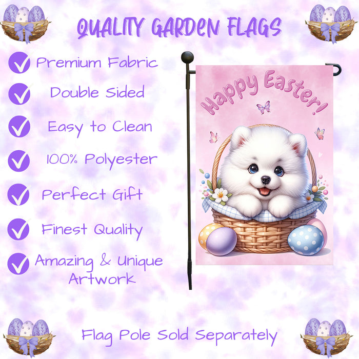Samoyed Happy Easter Puppy Garden Flag Eggs Spring Outdoor Yard Lawn Décor 12x18 Inch Single Side and Double Sided