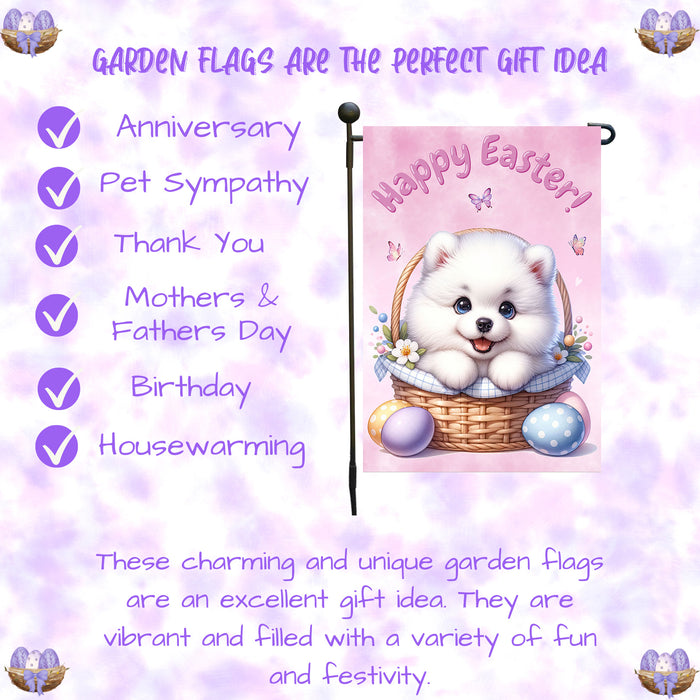 Samoyed Happy Easter Puppy Garden Flag Eggs Spring Outdoor Yard Lawn Décor 12x18 Inch Single Side and Double Sided