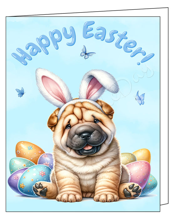 Happy Easter Shar Pei 2 Greeting Cards, Spring Holiday Notecards Blank Inside Envelopes Included, Unique Easter Egg Cards for Dog Lovers