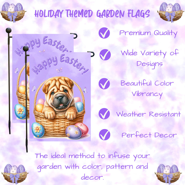 Shar Pei Dog Happy Easter Garden Flag Puppy Eggs Spring Yard Lawn Outdoor Décor 12x18 Inch Single Side and Double Sided