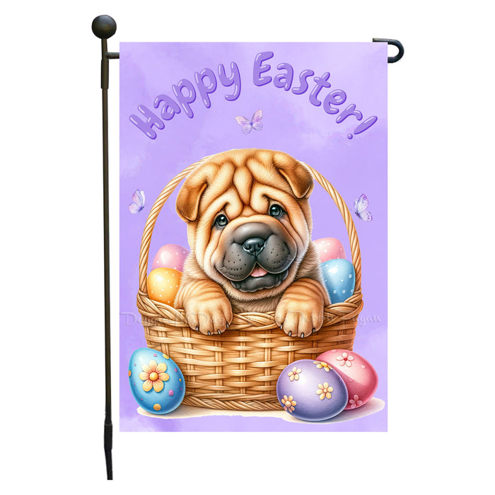 Shar Pei Dog Happy Easter Garden Flag Puppy Eggs Spring Yard Lawn Outdoor Décor 12x18 Inch Single Side and Double Sided