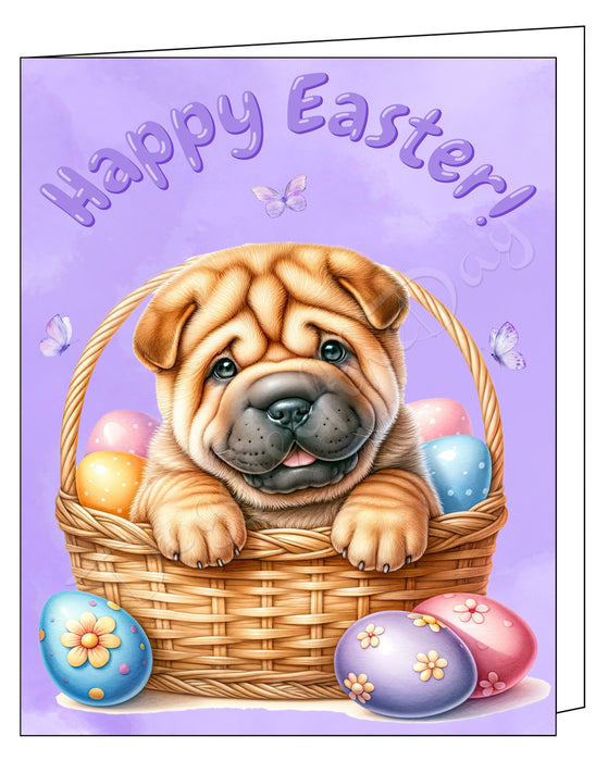 Happy Easter Shar Pei Greeting Cards, Spring Holiday Notecards Blank Inside Envelopes Included, Unique Easter Egg Cards for Dog Lovers