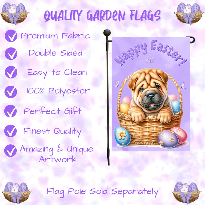 Shar Pei Dog Happy Easter Garden Flag Puppy Eggs Spring Yard Lawn Outdoor Décor 12x18 Inch Single Side and Double Sided