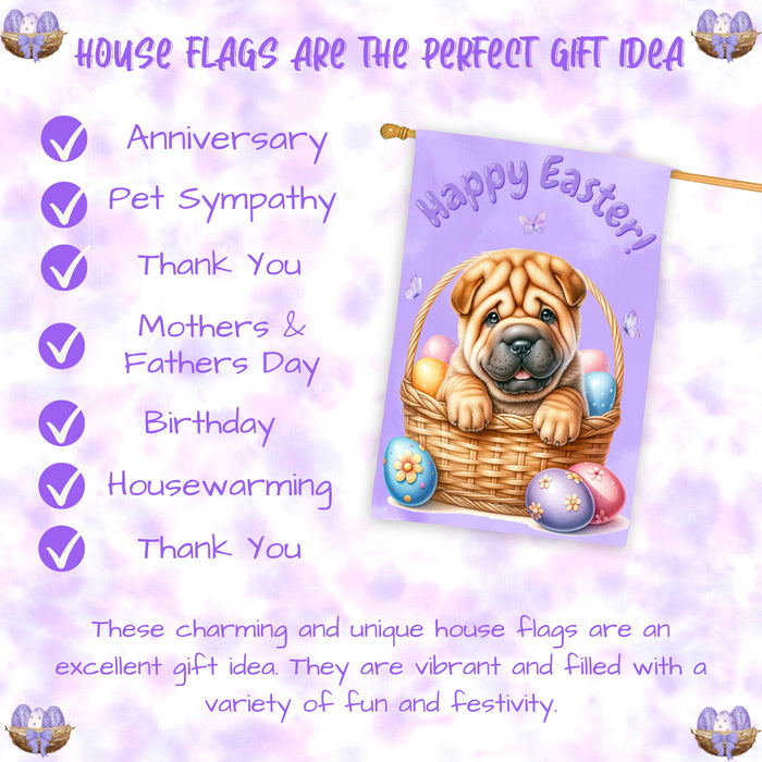 Shar Pei Easter Dog House Flag Spring Yard Lawn Garden Décor Gifts for Pet Dad 28x40 Inch Double-Sided