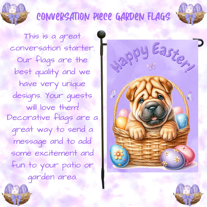 Shar Pei Dog Happy Easter Garden Flag Puppy Eggs Spring Yard Lawn Outdoor Décor 12x18 Inch Single Side and Double Sided