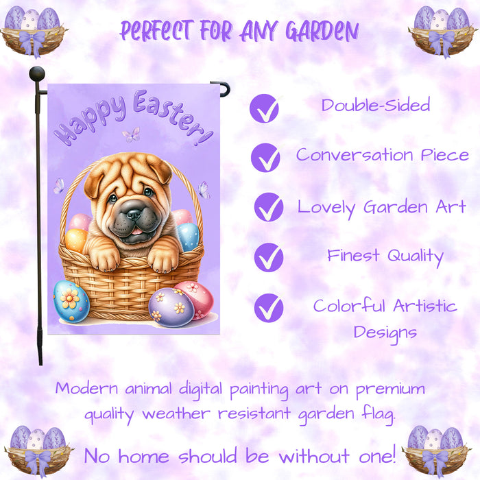 Shar Pei Dog Happy Easter Garden Flag Puppy Eggs Spring Yard Lawn Outdoor Décor 12x18 Inch Single Side and Double Sided