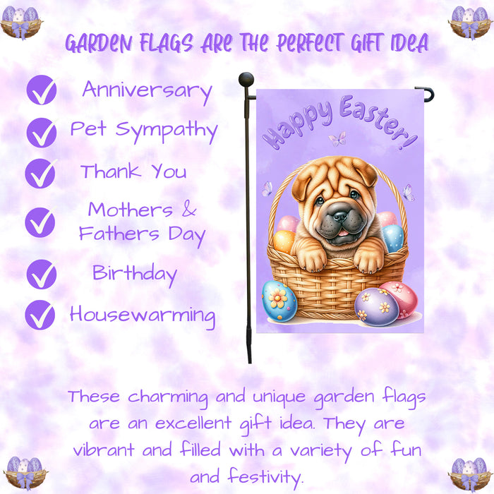 Shar Pei Dog Happy Easter Garden Flag Puppy Eggs Spring Yard Lawn Outdoor Décor 12x18 Inch Single Side and Double Sided