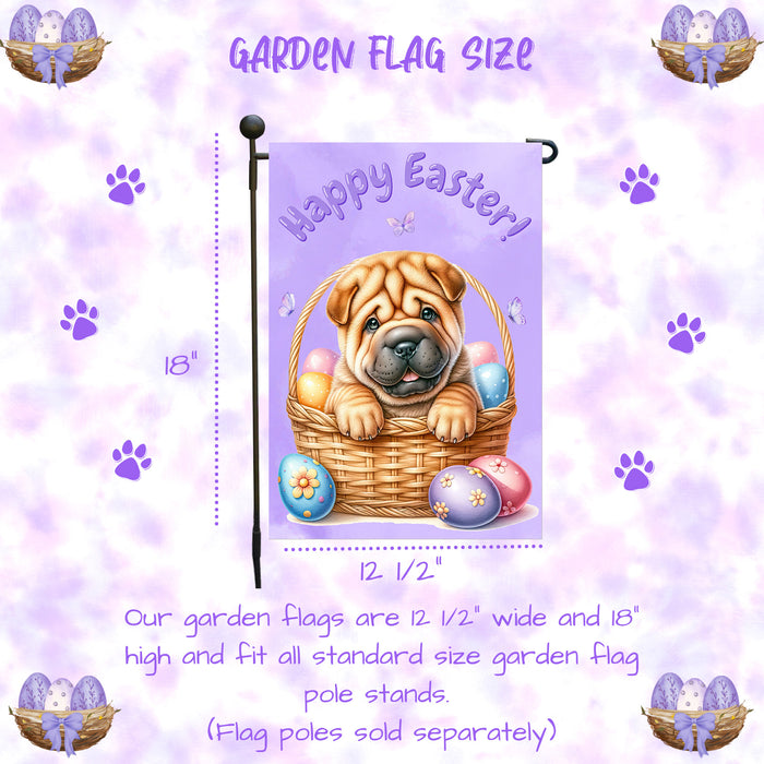 Shar Pei Dog Happy Easter Garden Flag Puppy Eggs Spring Yard Lawn Outdoor Décor 12x18 Inch Single Side and Double Sided