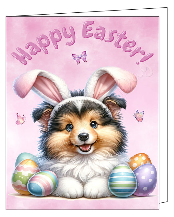 Happy Easter Shetland Sheepdog 2 Greeting Cards, Spring Holiday Notecards Blank Inside Envelopes Included, Unique Easter Egg Cards for Dog Lovers