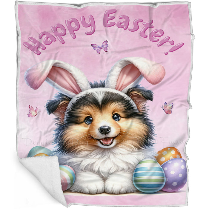 Easter Egg Hunt Shetland Sheepdog  with Bunny Ears Happy Easter Holiday Blanket, EGHNTBLNKTDG00092
