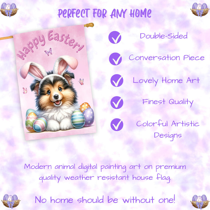 Shetland Sheepdog Easter House Flag Puppy Eggs Spring Outdoor Yard Décor Gifts 28x40 Inch Double-Sided