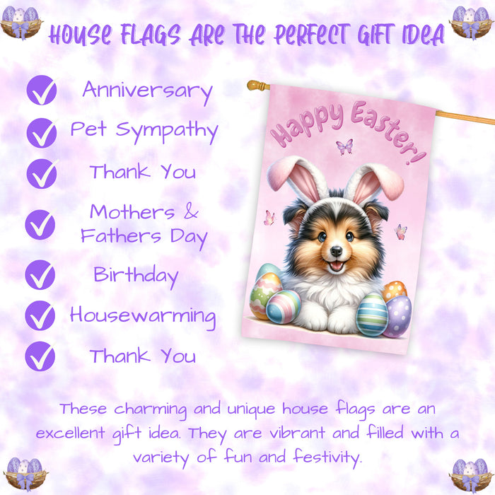Shetland Sheepdog Easter House Flag Puppy Eggs Spring Outdoor Yard Décor Gifts 28x40 Inch Double-Sided