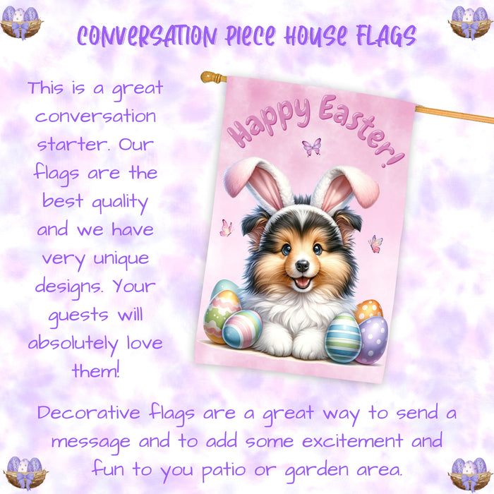 Shetland Sheepdog Easter House Flag Puppy Eggs Spring Outdoor Yard Décor Gifts 28x40 Inch Double-Sided