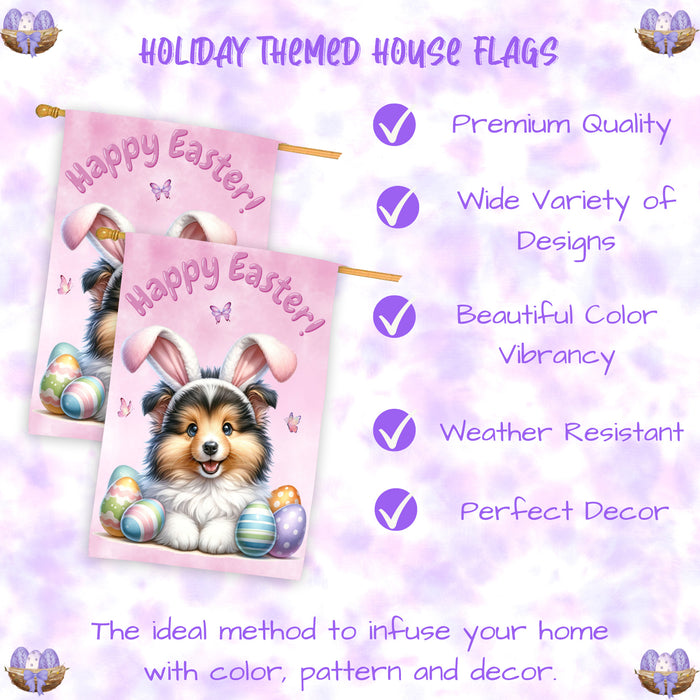 Shetland Sheepdog Easter House Flag Puppy Eggs Spring Outdoor Yard Décor Gifts 28x40 Inch Double-Sided