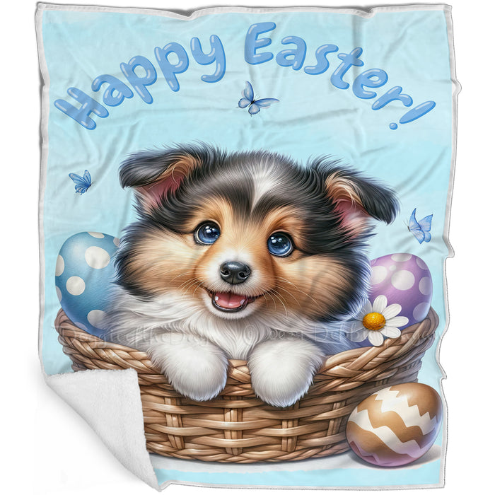 Easter Egg Hunt Shetland Sheepdog with Bunny Ears Happy Easter Holiday Blanket, EGHNTBLNKTDG00091