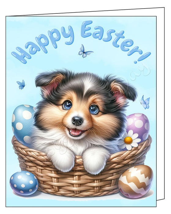 Happy Easter Shetland Sheepdog Greeting Cards, Spring Holiday Notecards Blank Inside Envelopes Included, Unique Easter Egg Cards for Dog Lovers